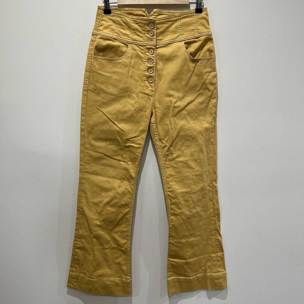 Ulla Johnson THE Lou Button Fly Kick Flare High Rise Jeans Mustard Gold READ